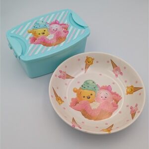 Disney Winnie the Pooh Piglet Ice Cream Bento Box Bowl Set Blue Pink Pastel